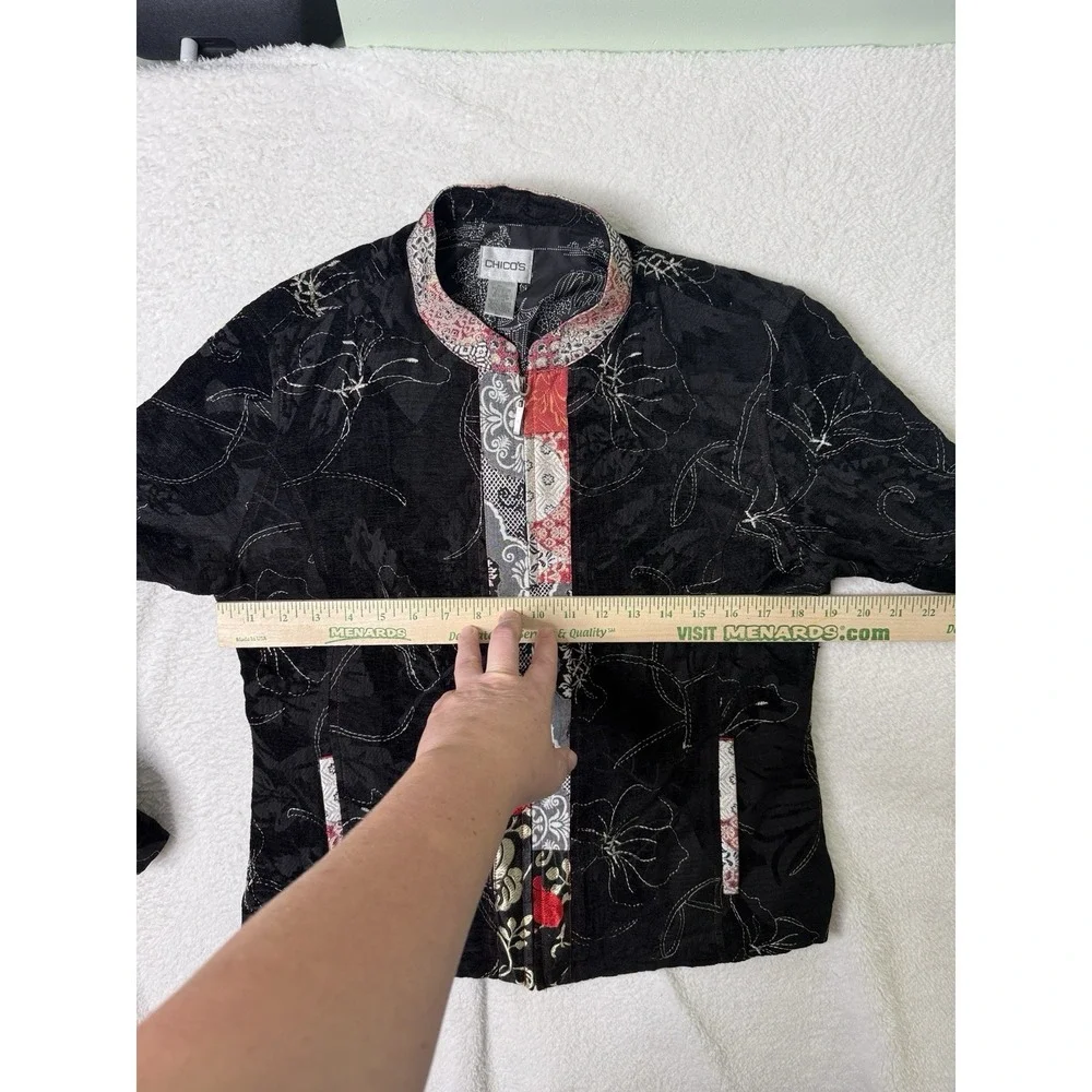 Chicos Full Zip Jacket Floral Silk Linen Artsy Patchwork Size 1 Medium
